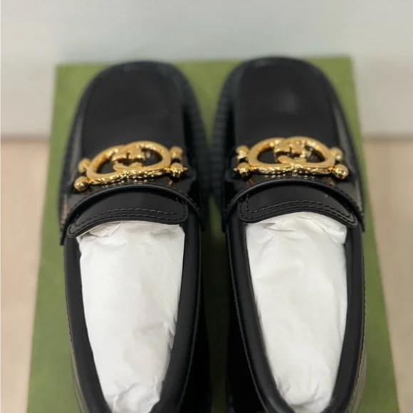 GUCCI Authentic Spice Lux Nappa Black Patent Gold Interlocking G Loafers US 4 34